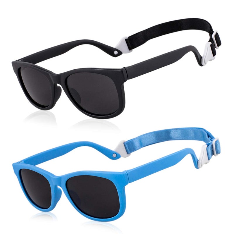 MAXJULI Baby Infant Sunglasses Safe, Soft, With Adjustable Strap 0-24 Months BPA Free (Black/Black+Blue/Black - Image 1